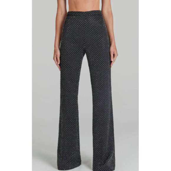 New Nadine Merabi Kira Black Pants Womens L 10 Rhinestone Crystal Wide Leg Crepe